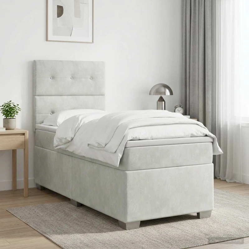 vidaXL Boxmadras med topmadras og hovedgærde, Lysegrå Fløjl, 90x190 cm