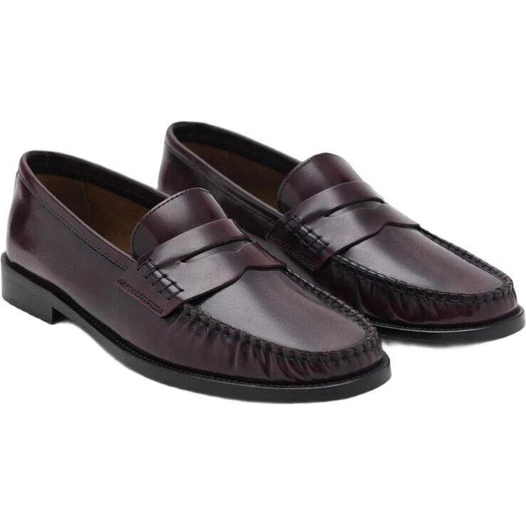 Mango Gathered Leather Moccasin - Burgundy