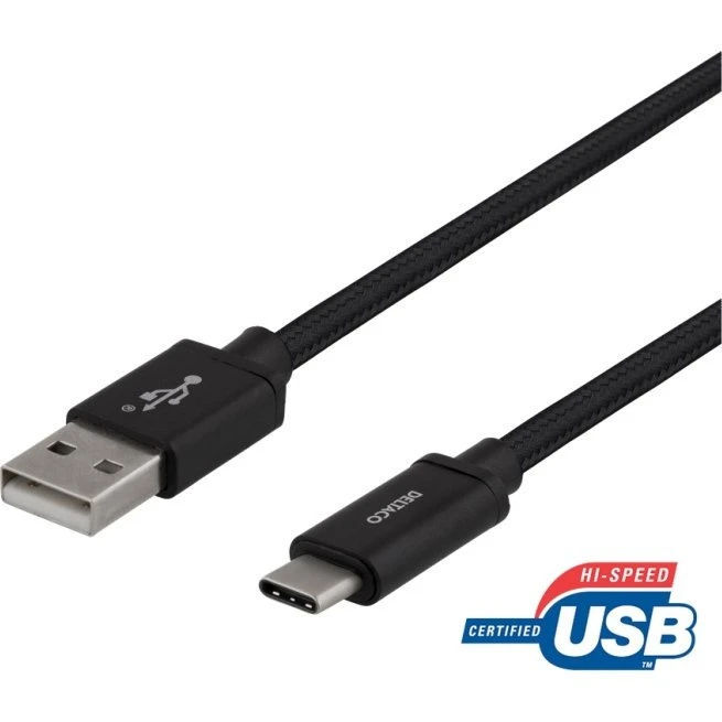 DELTACO USB-A til USB-C kabel, 1m, flettet, sort