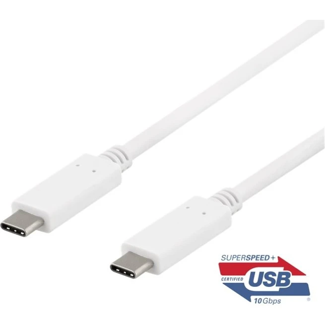 DELTACO USB-C til USB-C kabel, 1m, 100W, 10Gbps, Hvid