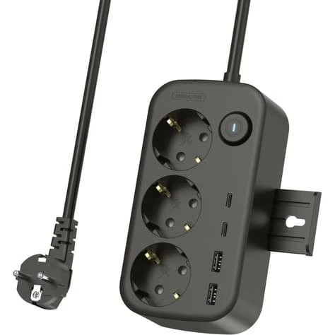 NEXTBATT Strømskinne 3x230V, 2x USB-A, 2x USB-C, 150cm, Sort