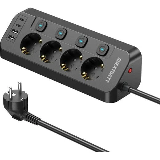 NEXTBATT Hurtigopladende stikdåse 4-vejs med 2x USB-A & 2x USB-C, 1,8 m
