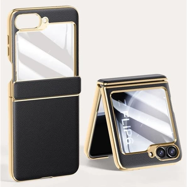 SKALO Samsung Z Flip7 FE PU-Læder Cover - Sort med Guldkant