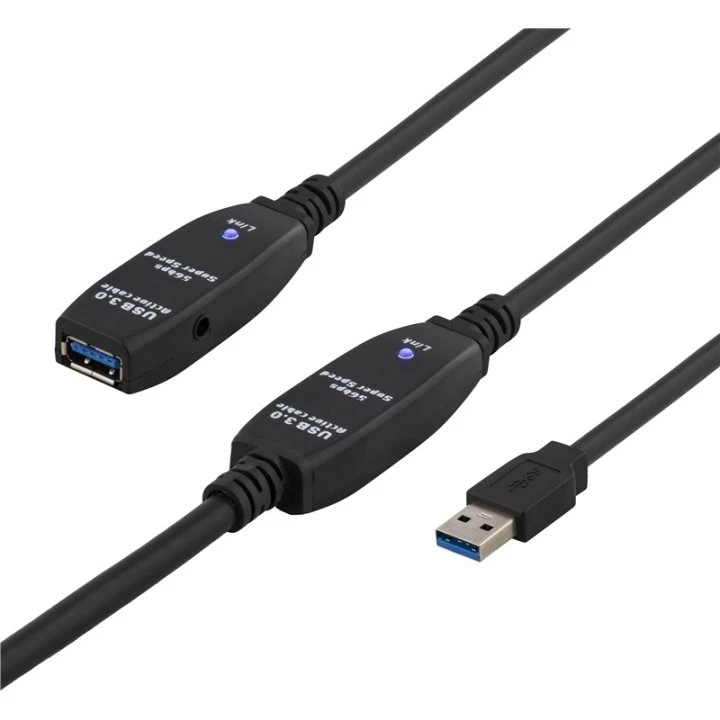 DELTACO PRIME aktiv USB 3.0-forlængerkabel, 15m, sort