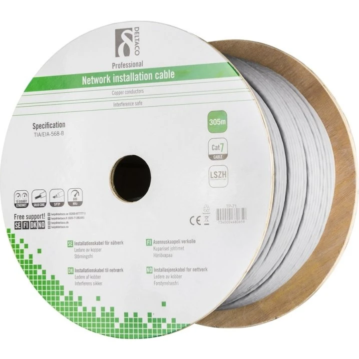 DELTACO S/FTP Cat7 installationskabel, LSZH, 305m, Grå