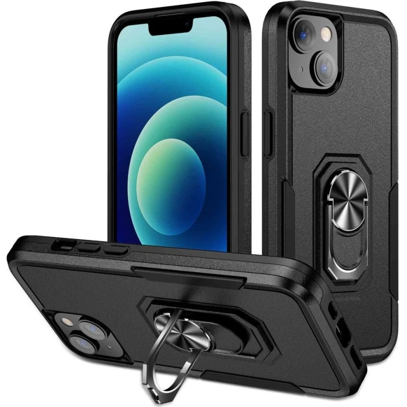 iPhone 14 Stødsikkert Cover med Ring Kickstand og Metalplade - Sort