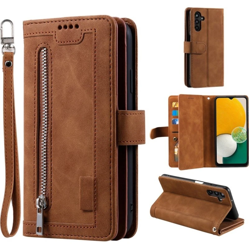 Samsung Galaxy A16 5G/4G Etui med Lynlås og 9 Kortlommer – Brun