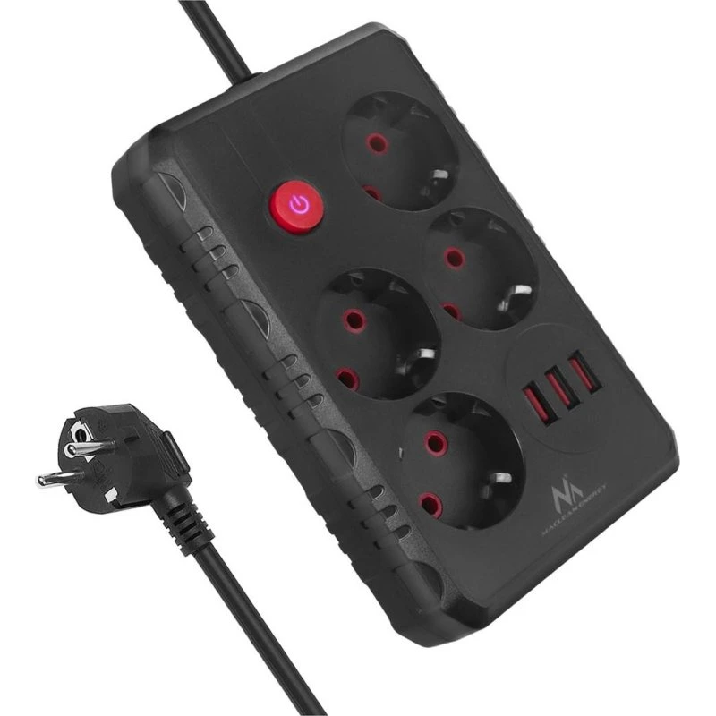 Maclean MCE393 strømskinne - 4 udtag + 3x USB, 3 m, sort