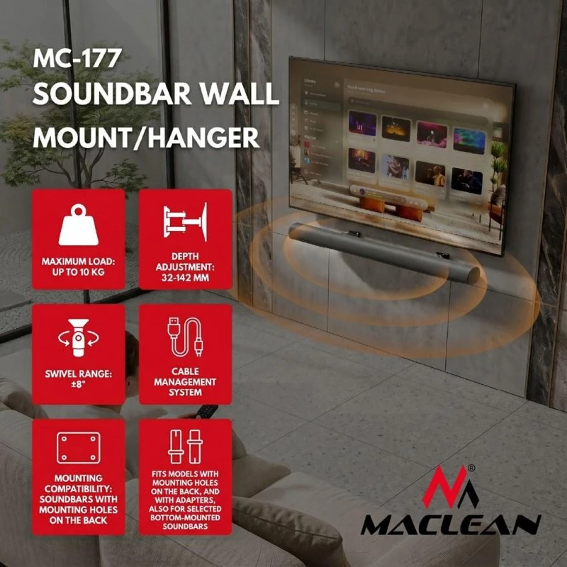 Maclean MC-177 Soundbar vægbeslag i stål med vinkeljustering
