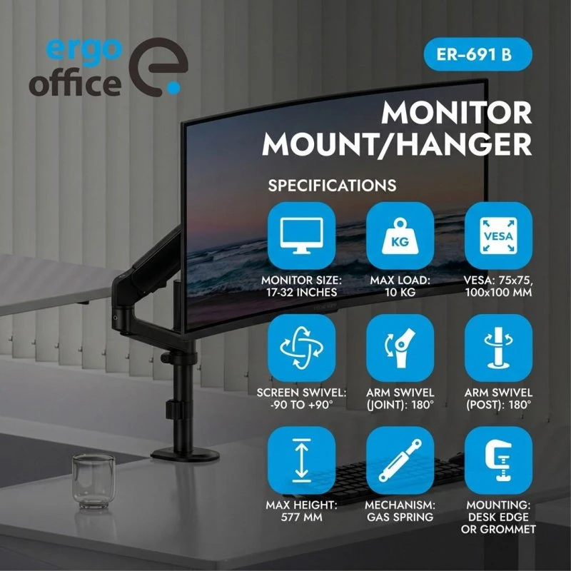 Ergo Office Gasfjeder Skærmholder 17-32" 1-10 kg Sort