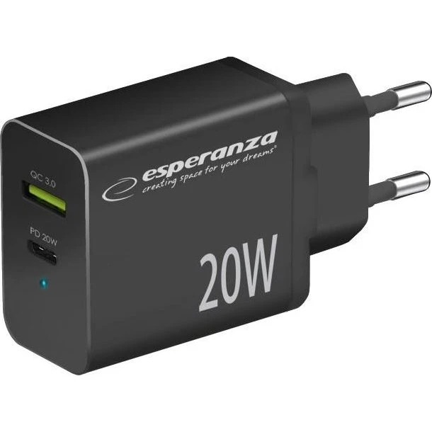 Esperanza Vægoplader 20W med USB-C PD & USB-A QC - Sort