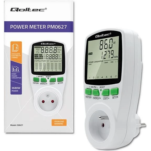 Qoltec Wattmeter PM0627 Energiforbrugsmåler | 3680W | 16A | LCD