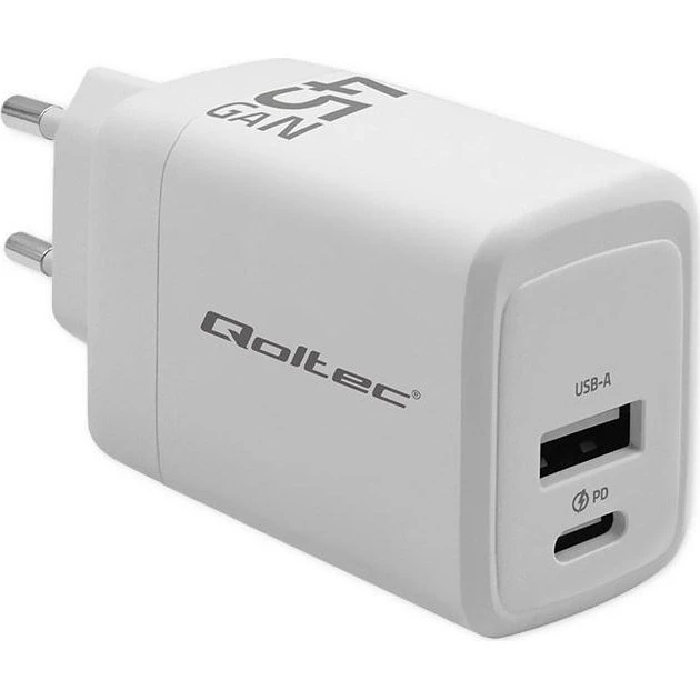 Qoltec 51825 GaN vægoplader 45W - USB-C PD & USB-A QC 3.0 - Hvid