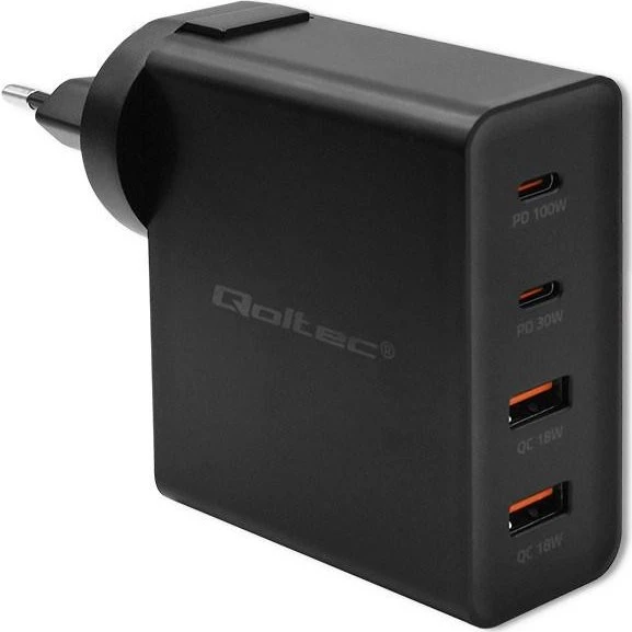 Qoltec POWER PRO 130W GaN-oplader - 2x USB-C & 2x USB, sort
