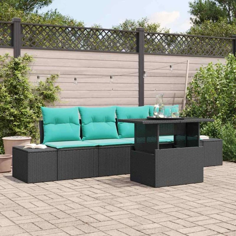 vidaXL Sofa Sæt 5 stk. 4-personers i sort og blå polyrattan