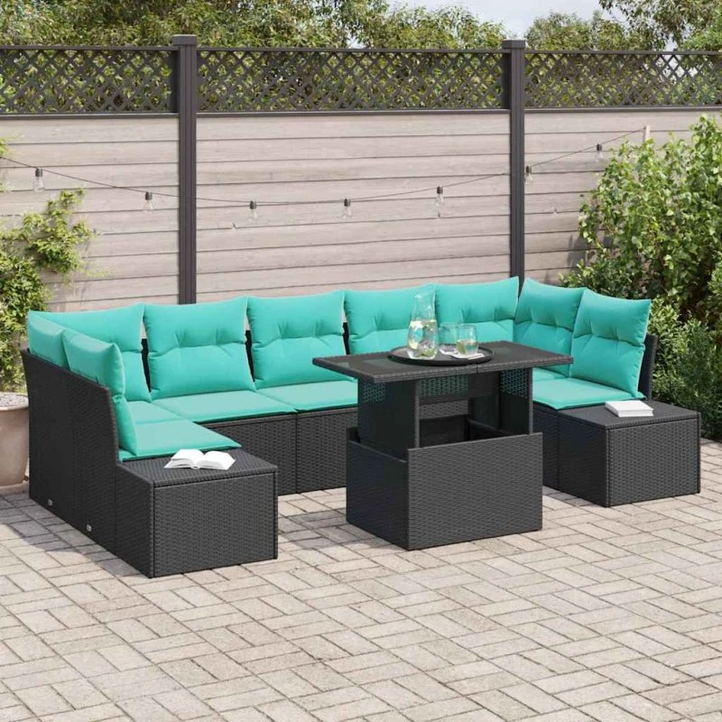 vidaXL Havesofa Sæt 8 stk. 7-personers Sort og Blå Polyrattan