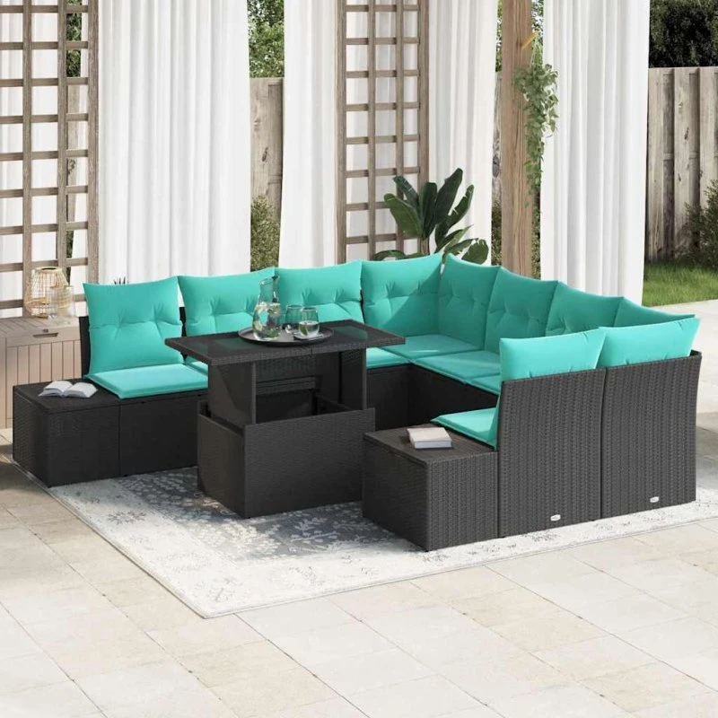 vidaXL Havesofa Sæt 9 stk. Sort og Blå Polyrattan