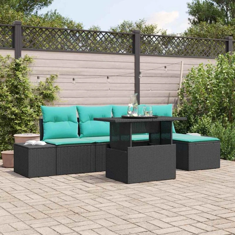vidaXL Havesofa Sæt 6 stk. Sort og Blå Polyrattan