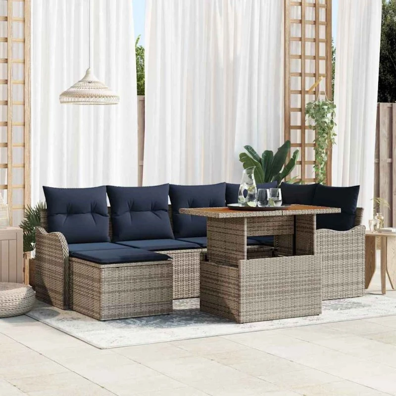 vidaXL Havesofa Sæt 7 stk. Polyrattan Grå og Marineblå