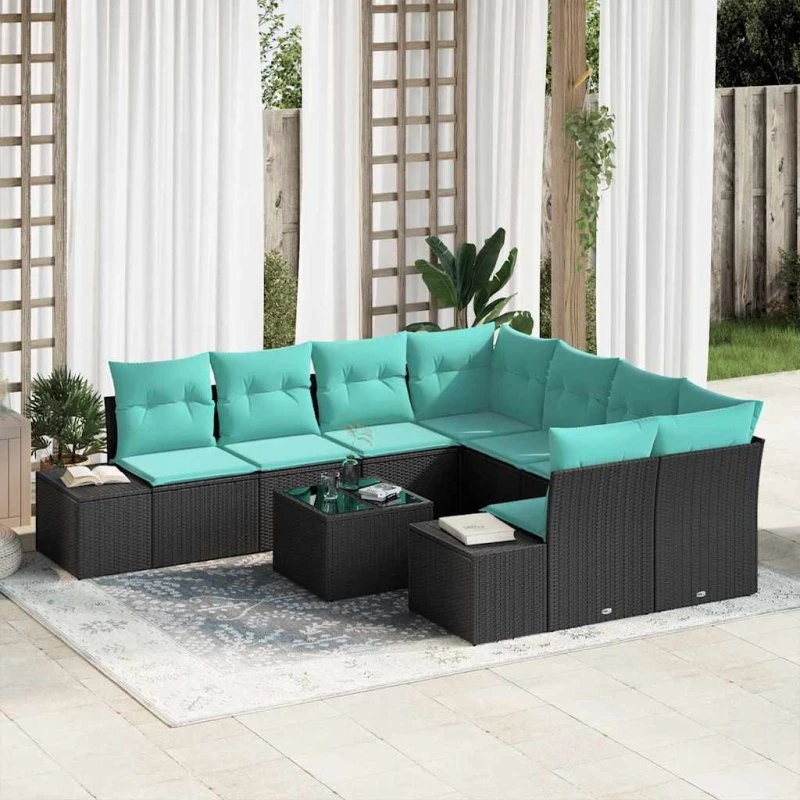 vidaXL Havesofa Sæt 9 stk. Sort og turkis polyrattan
