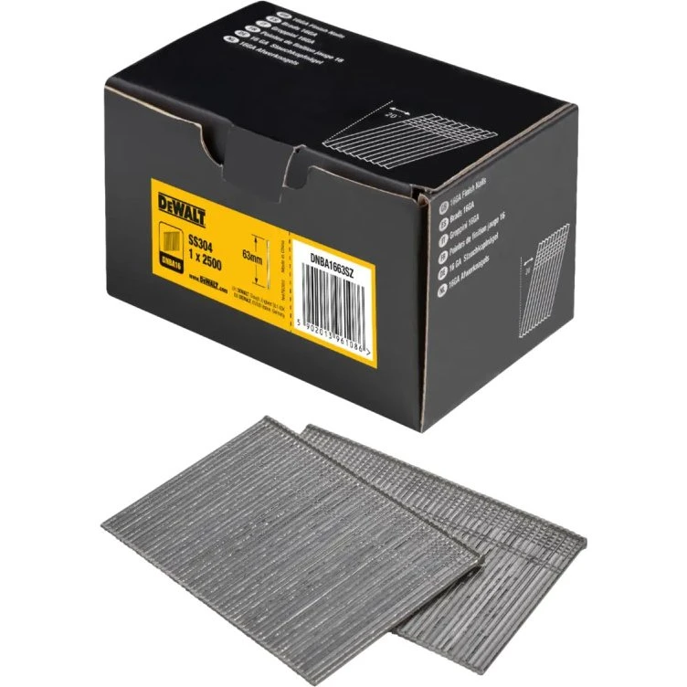 Dewalt 16GA rustfri dykkersøm 1,6 x 63 mm A2, 20° – 2500 stk