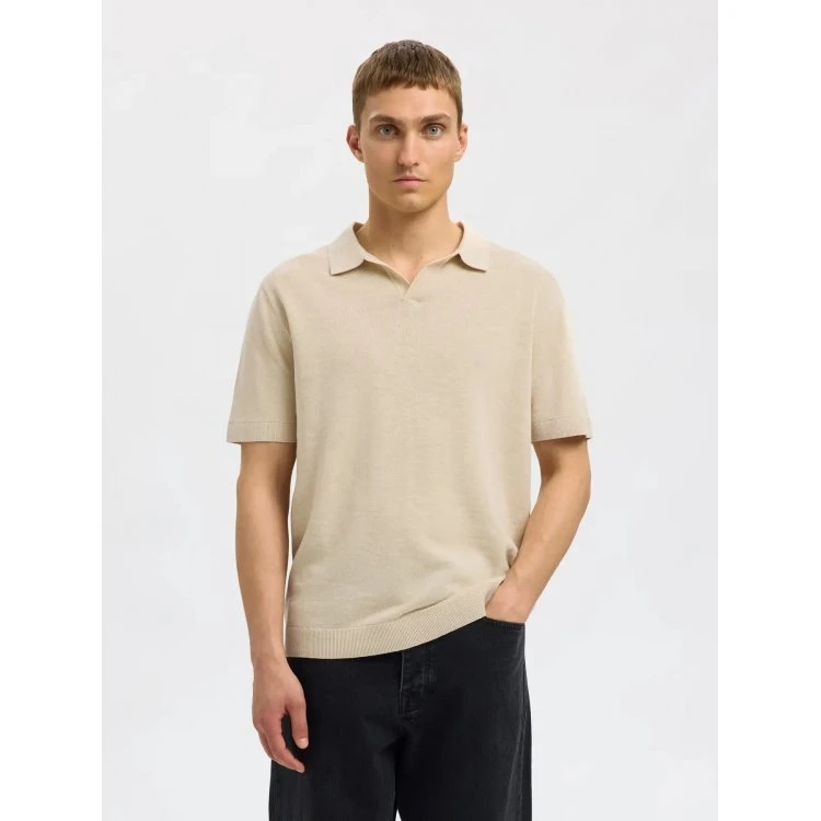 Selected strikket pullover polo i beige til herre
