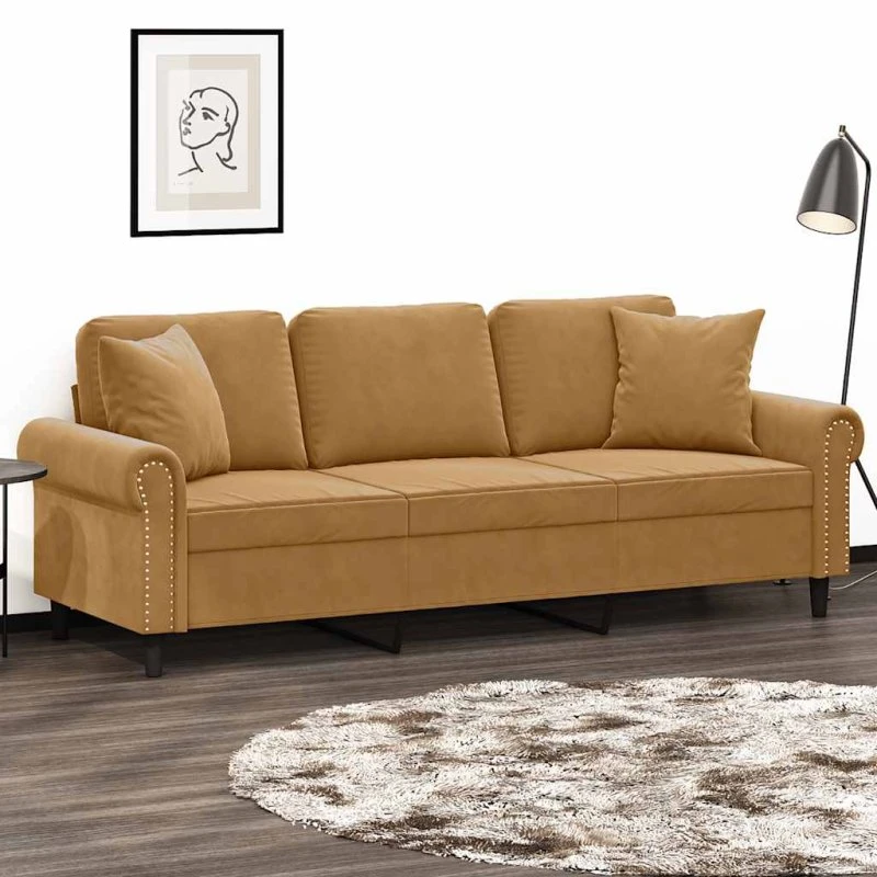 vidaXL 3-personers sofa i brun velour med pyntepuder, 180 cm