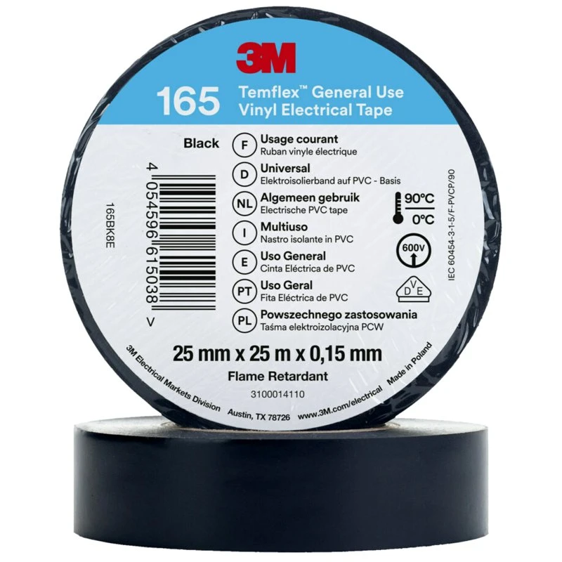 3M Temflex 165 El-vinyltape 25mm x 25m Sort