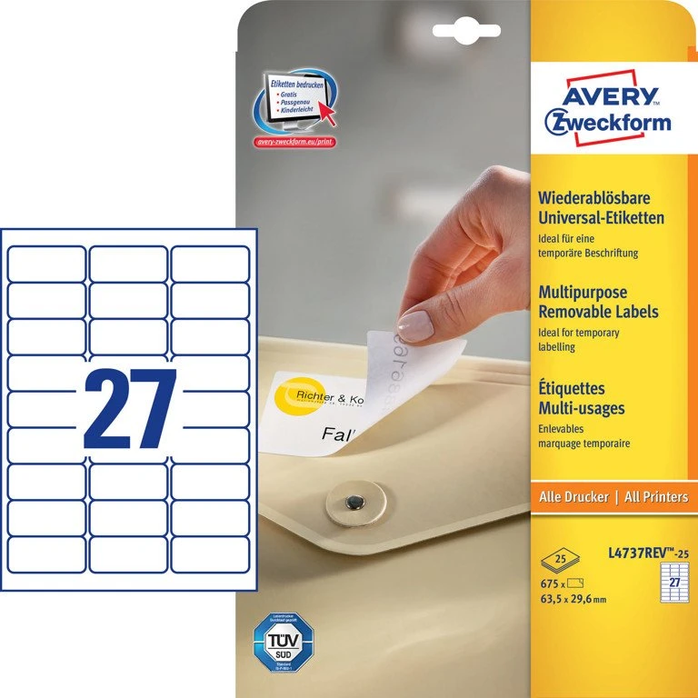 Avery L4737rev Aftagelige Etiketter 63,5x29,6mm - 810 stk