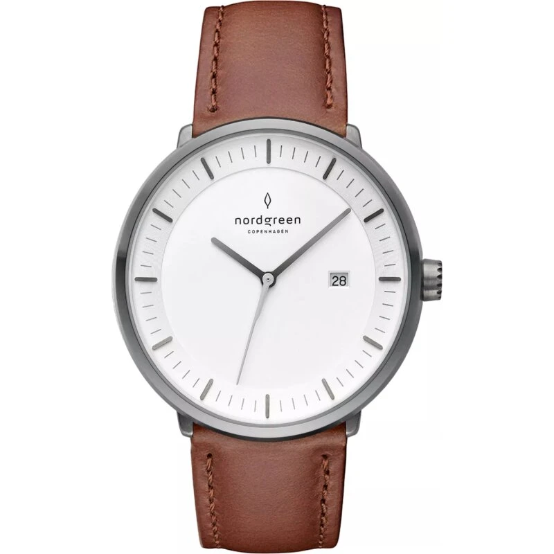 Nordgreen Philosopher 40 mm – grå/hvid kasse med brun læderrem