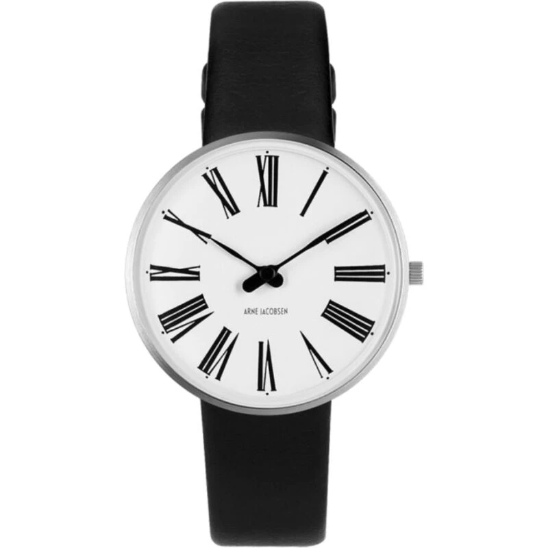 Arne Jacobsen Roman 34 mm – hvid skive, sort læderrem