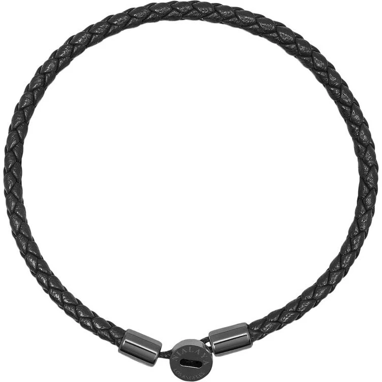 Nialaya 3 mm flettet sort læderarmbånd med stållås