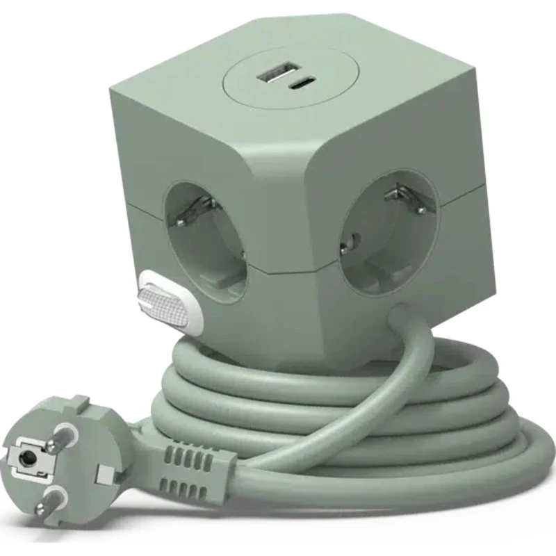 E-line Cube stikdåse 4 stk, 4 udtag, USB A+C, grøn