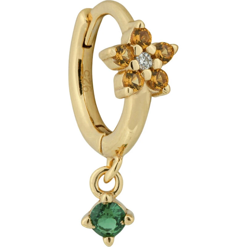 Flora Huggie ørering – 18k forgyldt 925 sølv med grøn, orange & klar CZ