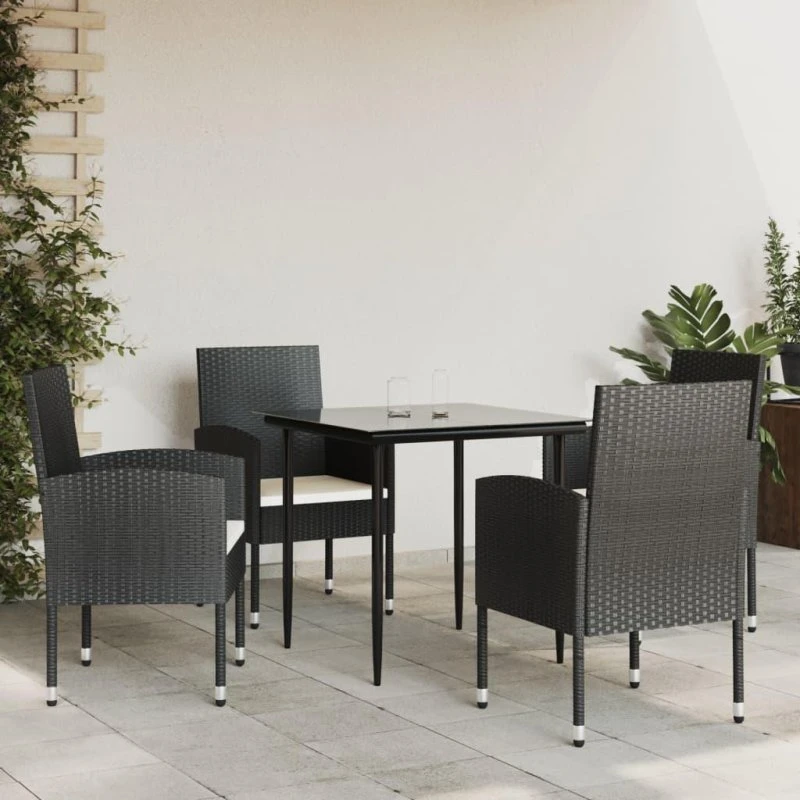 Spisebordssæt til haven 5 dele i sort polyrattan og stål