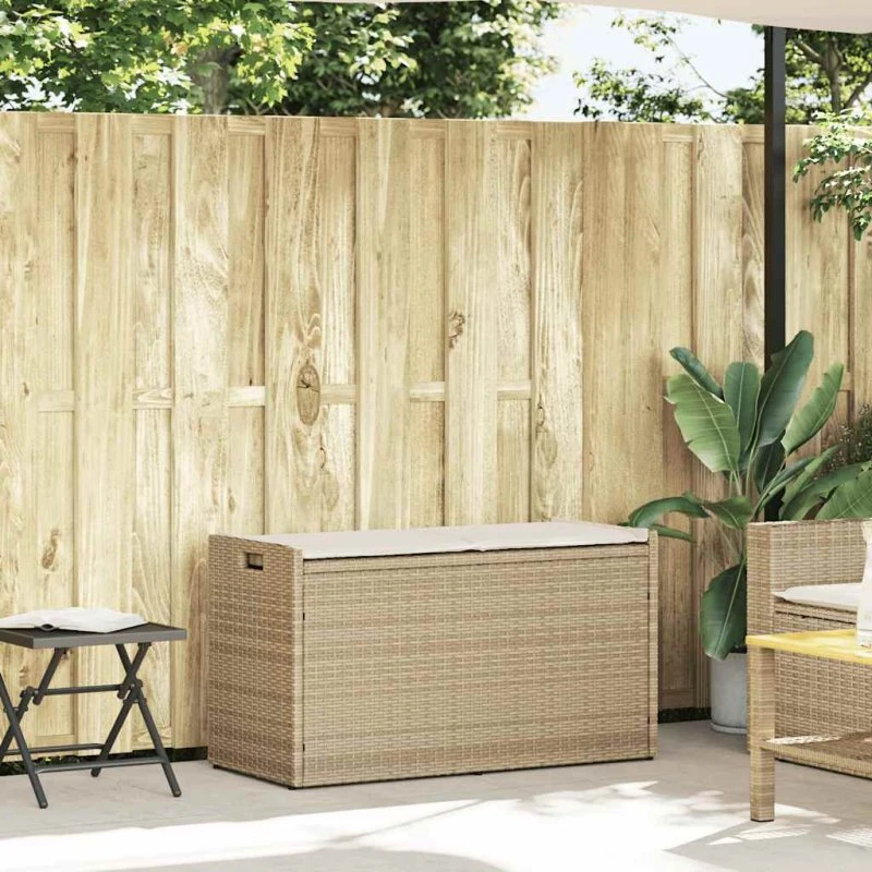 vidaXL Udendørs opbevaringsbænk 100 cm i beige polyrattan med hynde