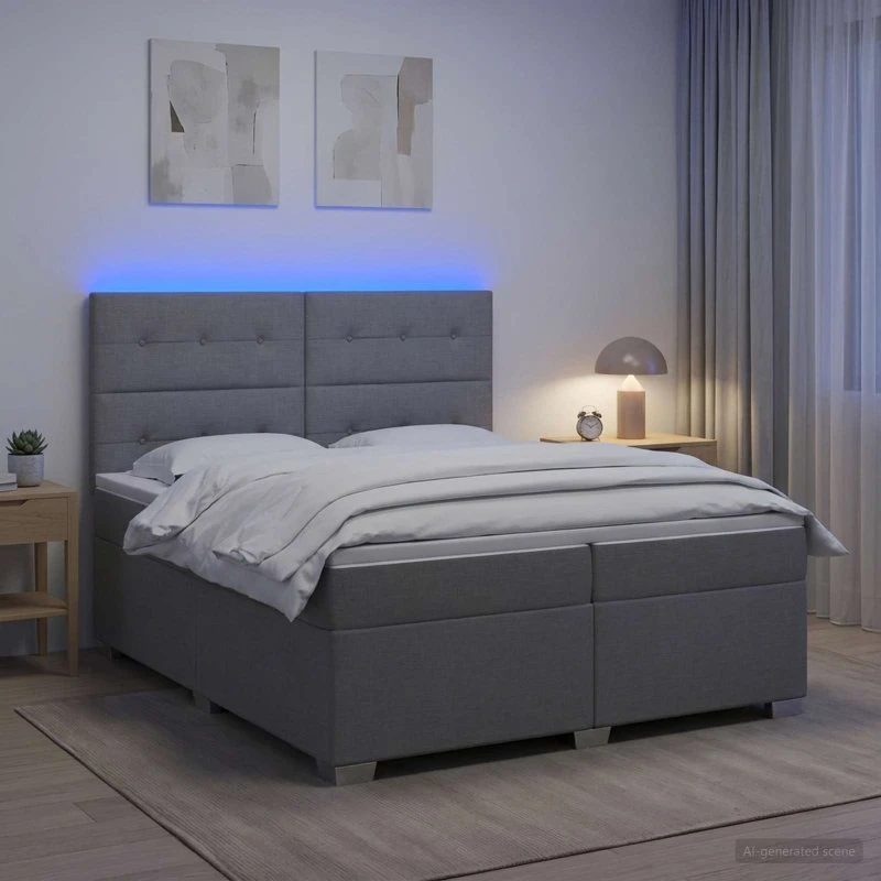 vidaXL Boksmadras med topmadras og LED, Lysegrå, 200 x 200 cm