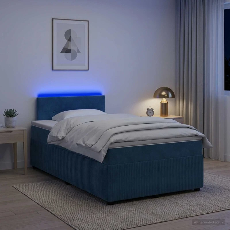 vidaXL Boxmadras med topmadras og hovedgærde, Blå Fløjl, 120x190 cm