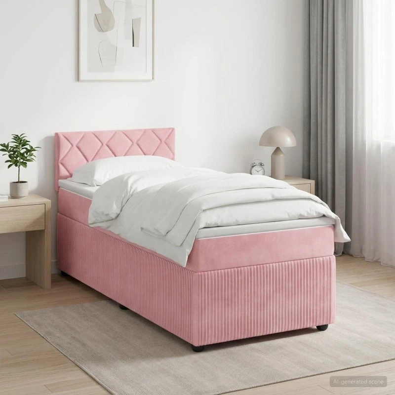 vidaXL Boxmadras med topmadras Lyserød Fløjl 90 x 200 cm