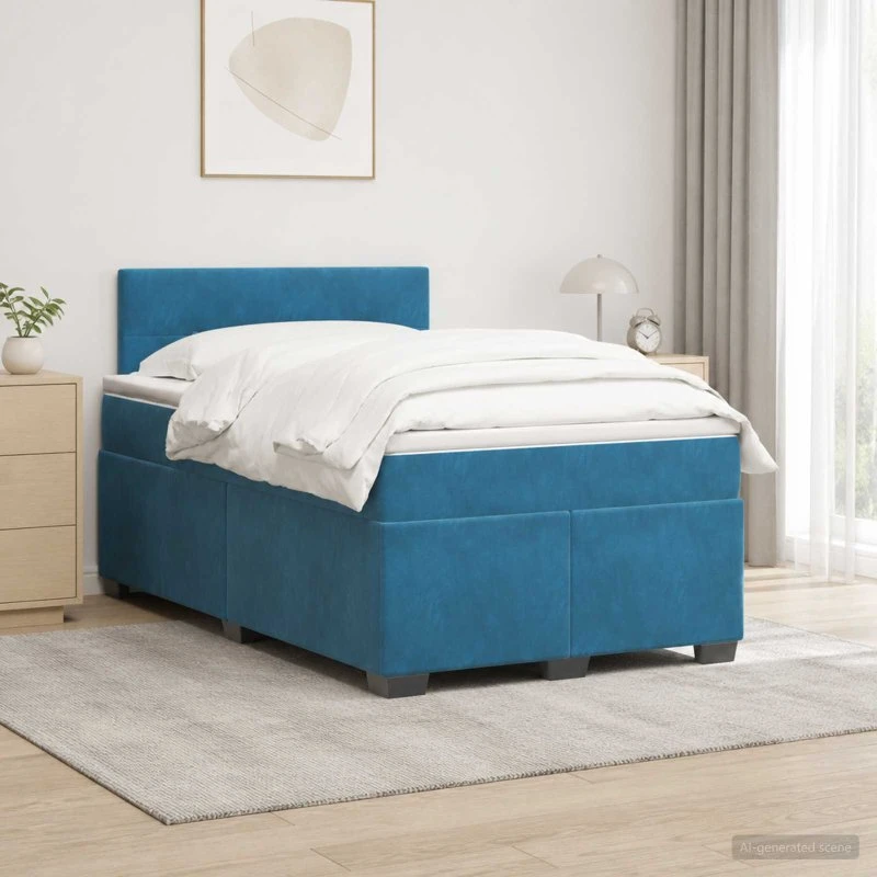 vidaXL Box Spring Seng med LED og madras, Blå Velour, 120x200 cm