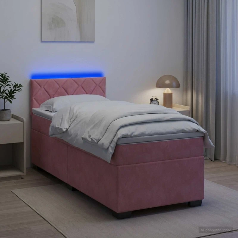 vidaXL Box Spring Seng med LED og madras, lyserød velour 90x200