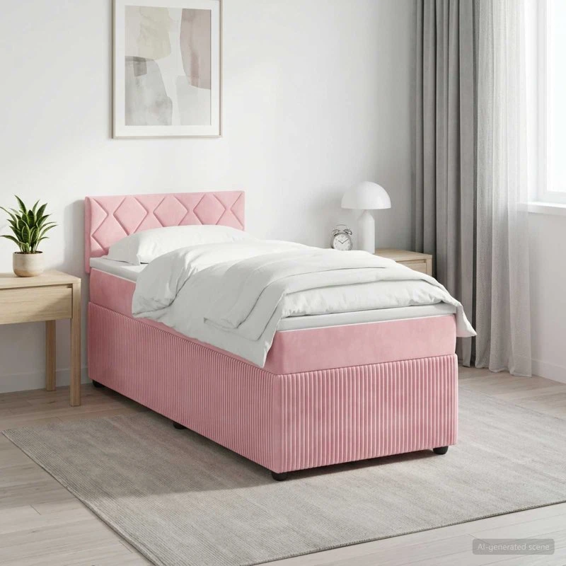 vidaXL Boxmadras med topmadras Lyserød Fløjl 90 x 200 cm