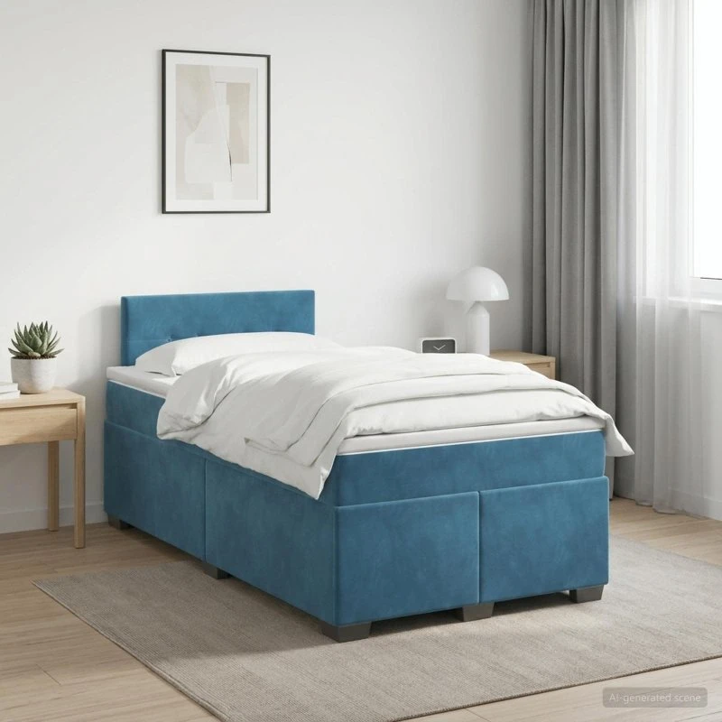 vidaXL Boxmadras med topmadras og hovedgærde, Blå Fløjl, 120x190 cm