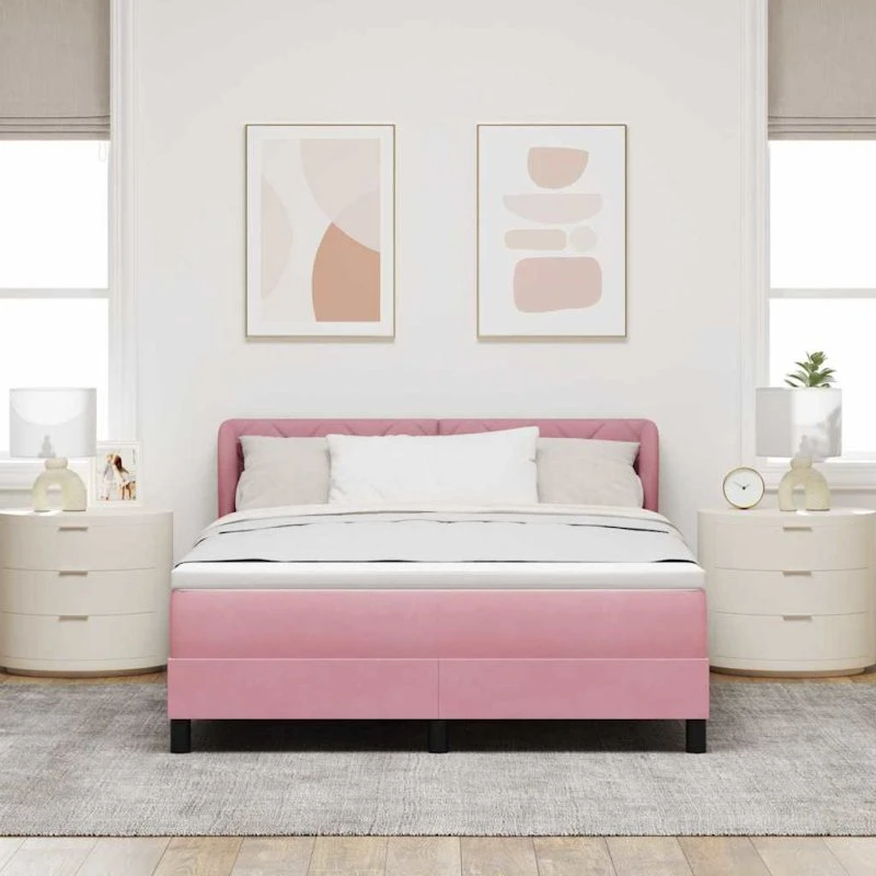vidaXL Box spring seng med hovedgærde, lyserød fløjl, 140 x 190 cm