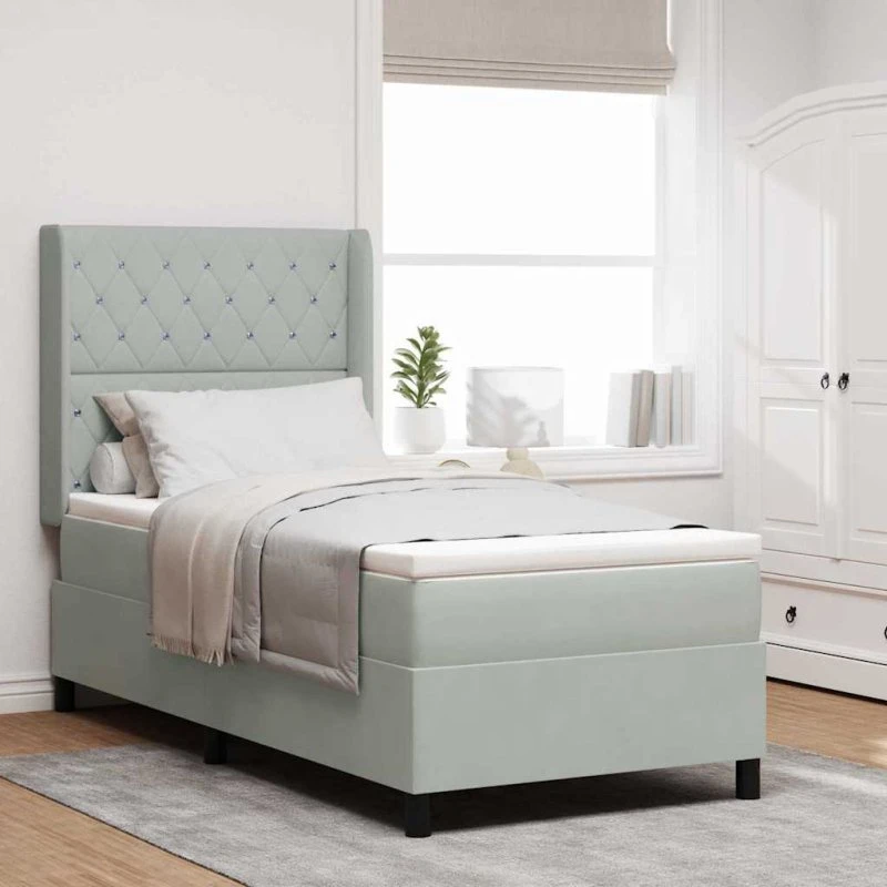 vidaXL Box spring seng med LED og madras, lysegrå fløjl, 90x200 cm