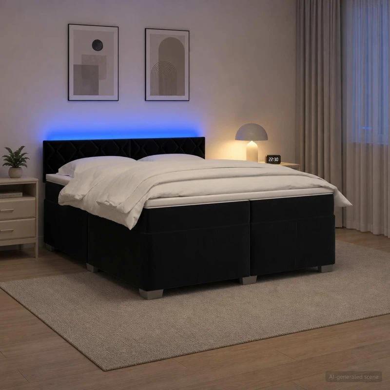 vidaXL Box Spring Seng med LED og madras, sort velour, 200x200 cm