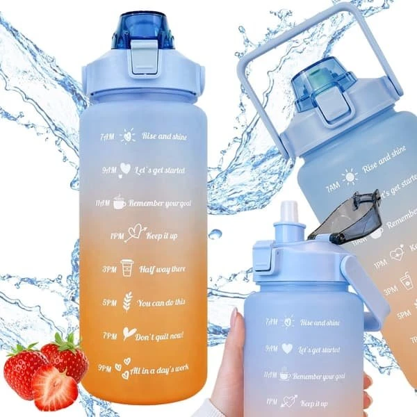 Vandflaske 2 liter med sugerør og målskala - Blå/Orange