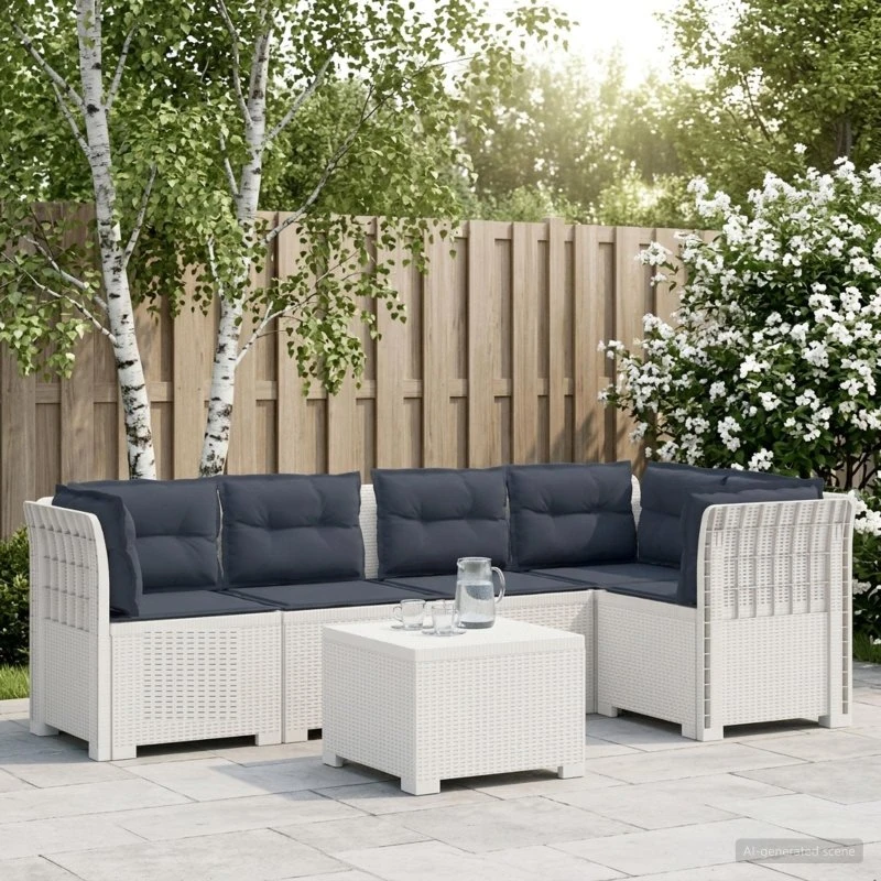vidaXL 5-personers havemøbel sofa med hynder i rattan-look, hvid