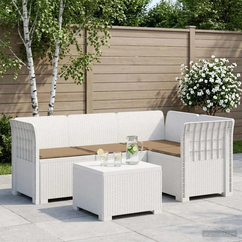 vidaXL 4-personers Have Sofa med Hynder i Rattan-look, Hvid
