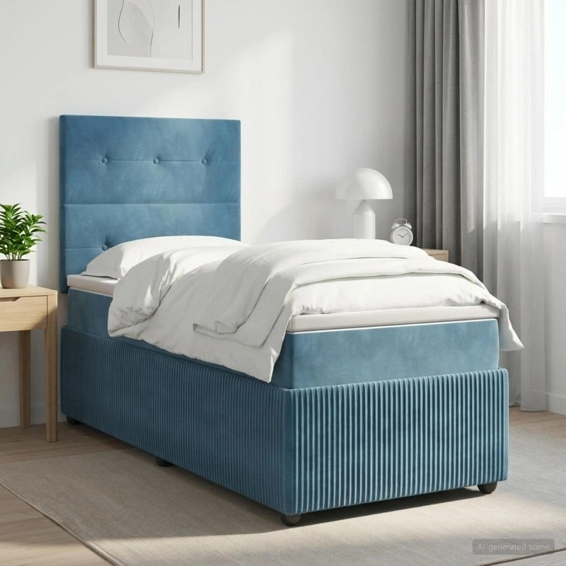 vidaXL Boxmadras med topmadras og hovedgærde, Blå Fløjl, 90x200 cm